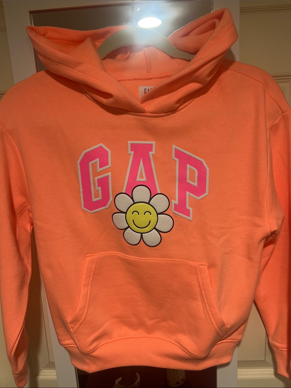 GAP Kids Neon Orange Hoodie with Smiley Daisy Graphic